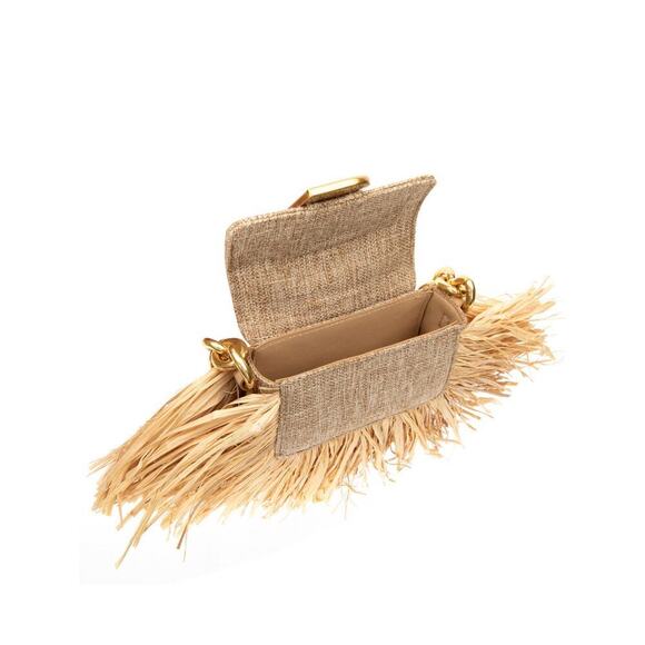 Micro Nia Bag in Beige Linen with Fringed Wicker and Gold Brass Hardware - Picture 3 of 15
